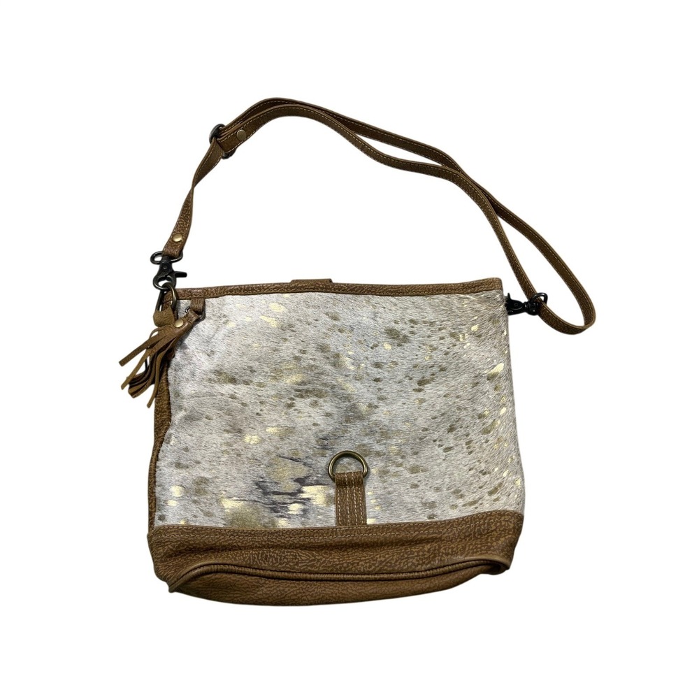 Myra Bag Hair On Hide Crossbody Purse Gold Metallic Speckled Leather Boho Wester